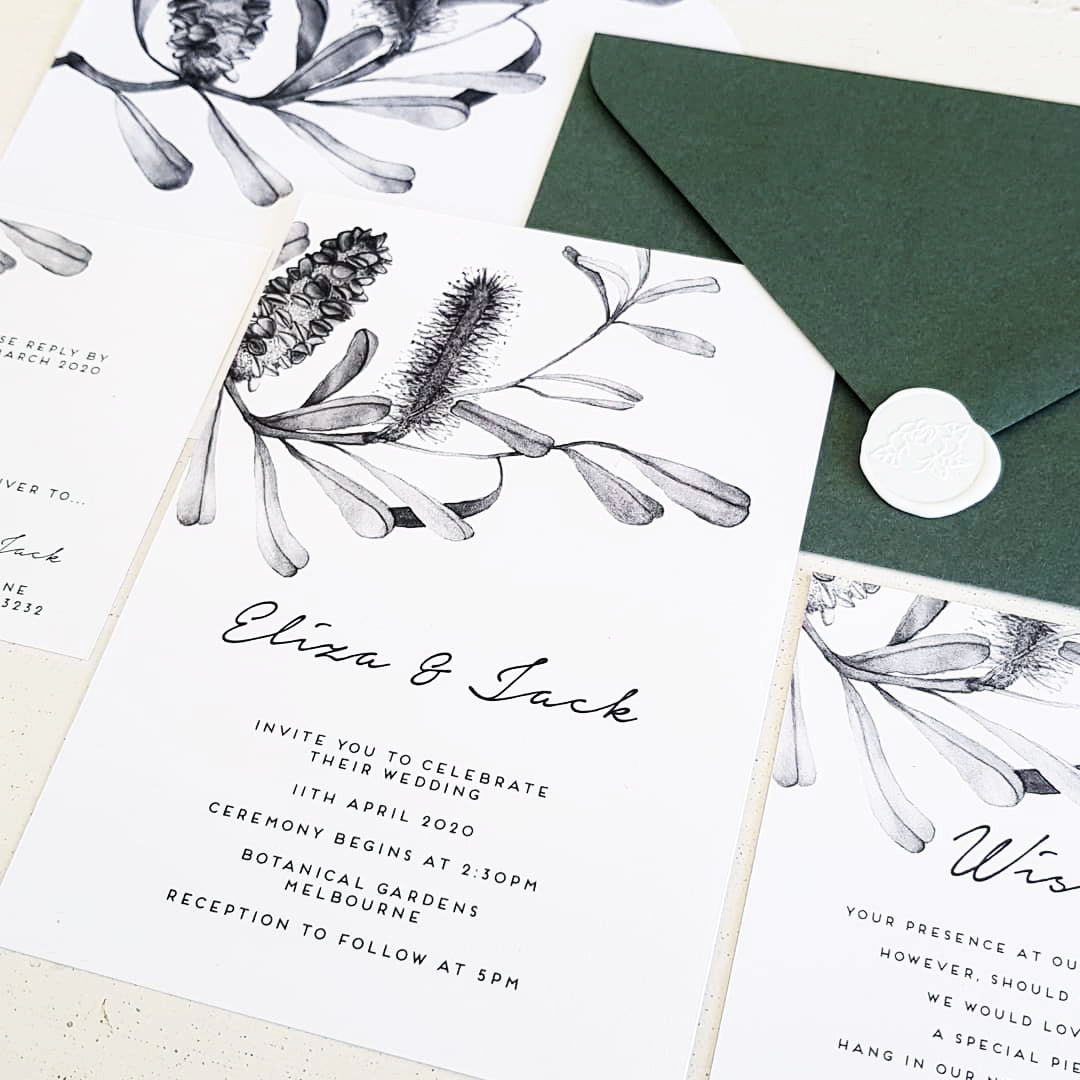 BANKSIA/Wedding Invites/GREEN or BLACK & WHITE