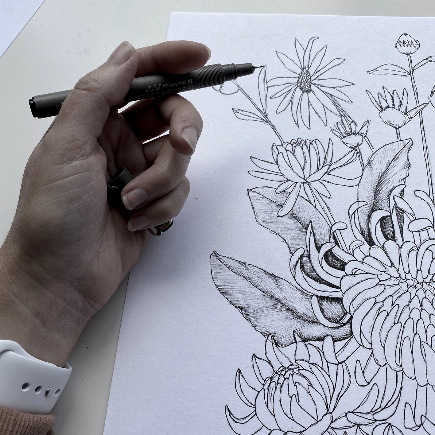 CHRYSANTHEMUM BUNCH-Watercolour and Black and White Print