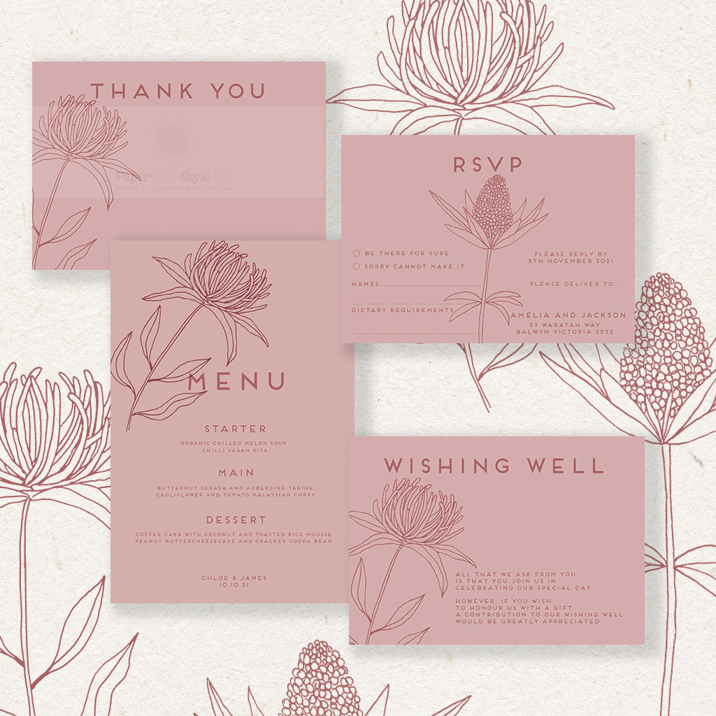 wildflower design, wedding invitation, botanical invites, hand drawn botanicals