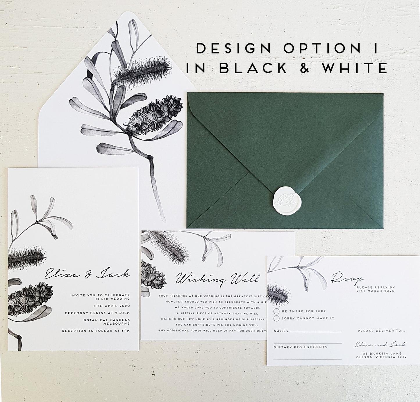 BANKSIA/Wedding Invites/GREEN or BLACK & WHITE