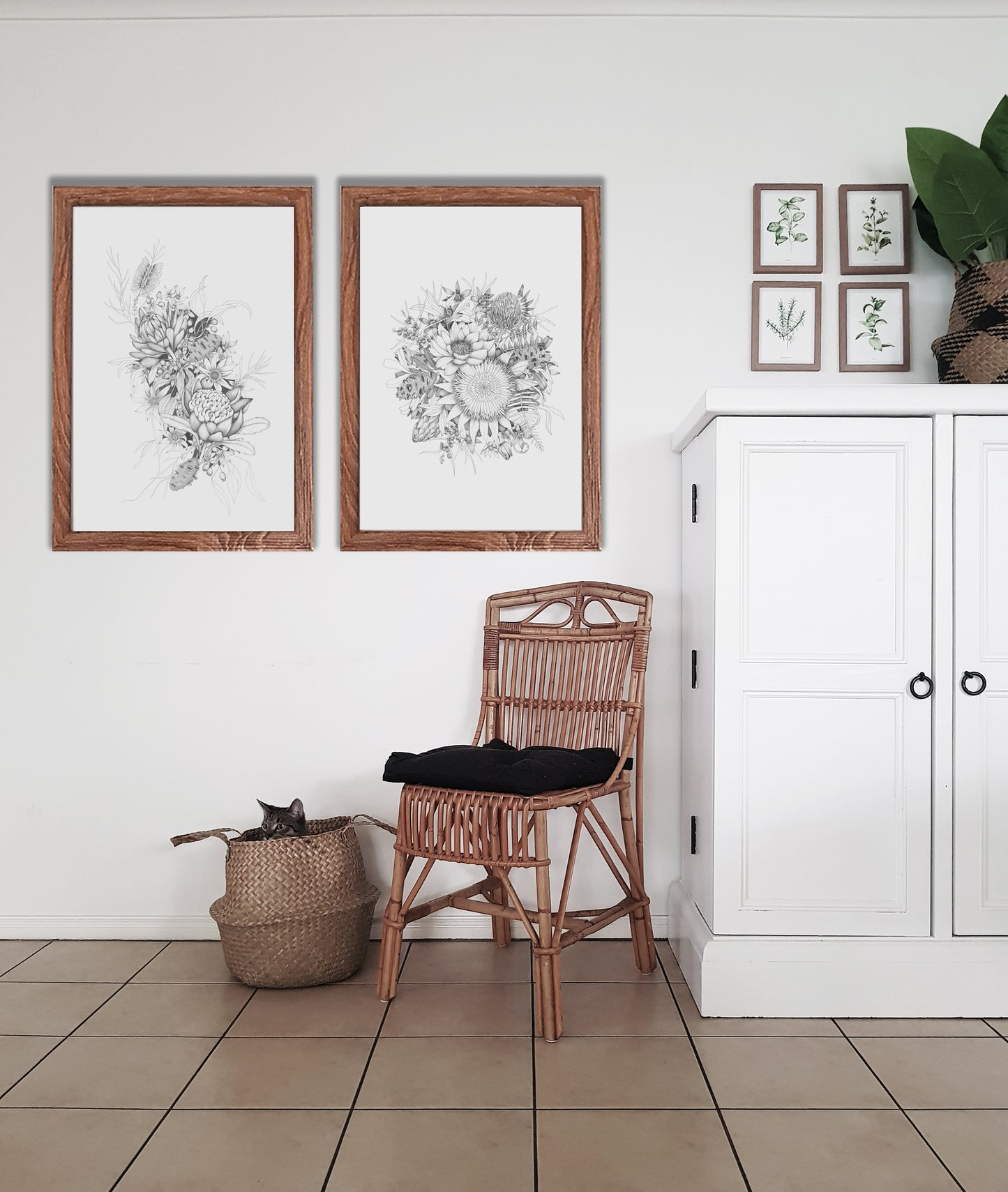 Botanical bunch pen art, set of two prints, hand drawn in black pen