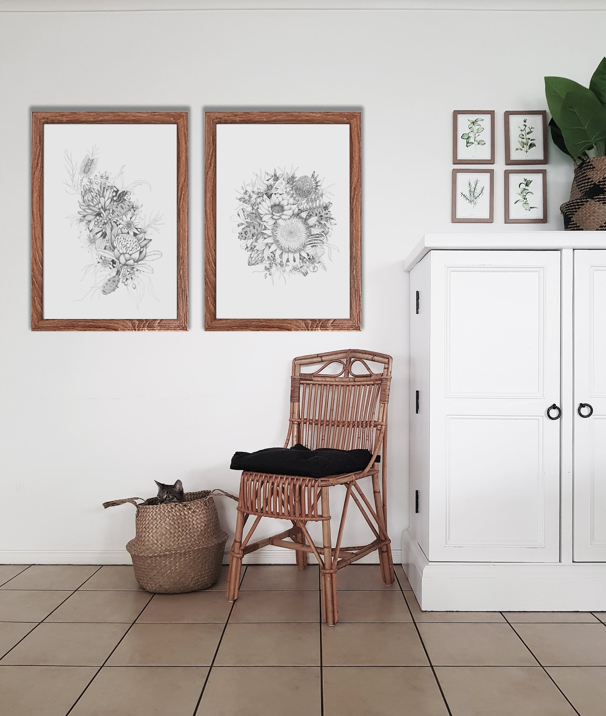 Botanical bunch pen art, set of two prints, hand drawn in black pen
