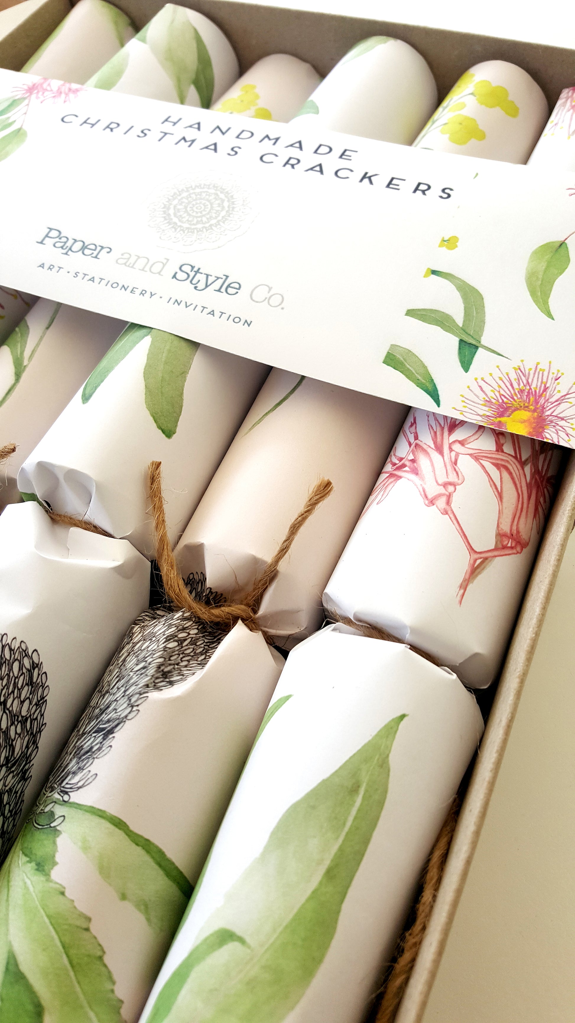 Hand painted Australian Botanical wrap used to create Christmas Crackers