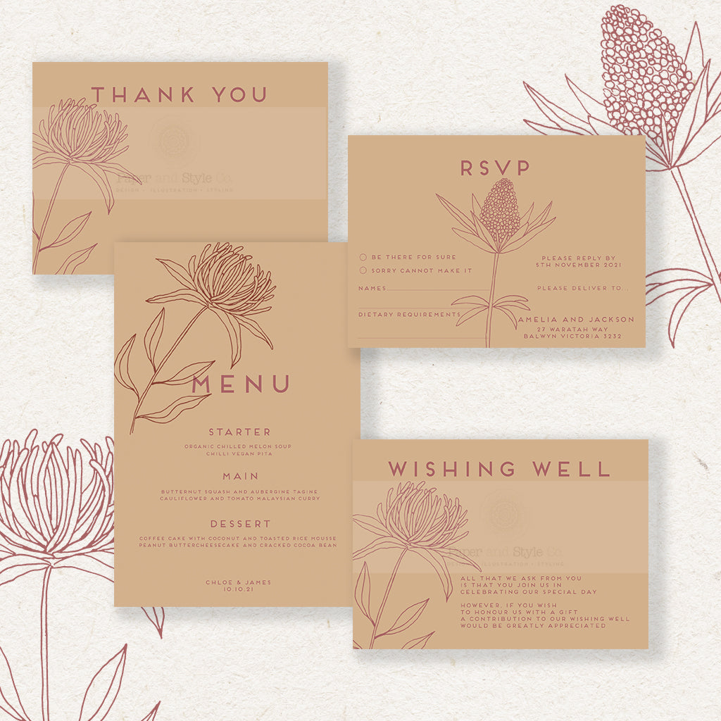 wildflower design, wedding invitation, botanical invites, hand drawn botanicals